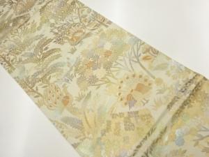 草花に孔雀模様織出し袋帯